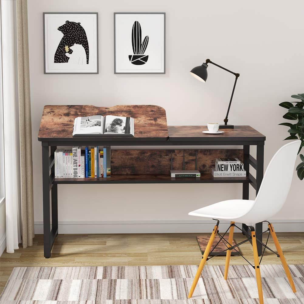 Tribesigns Drafting Table Drawing Desk with Storage Shelf, 55 inch Large Computer Desk Writing Desk Artist Craft Workstation with Tiltable Tabletop for Painting, Home Office (Brown)