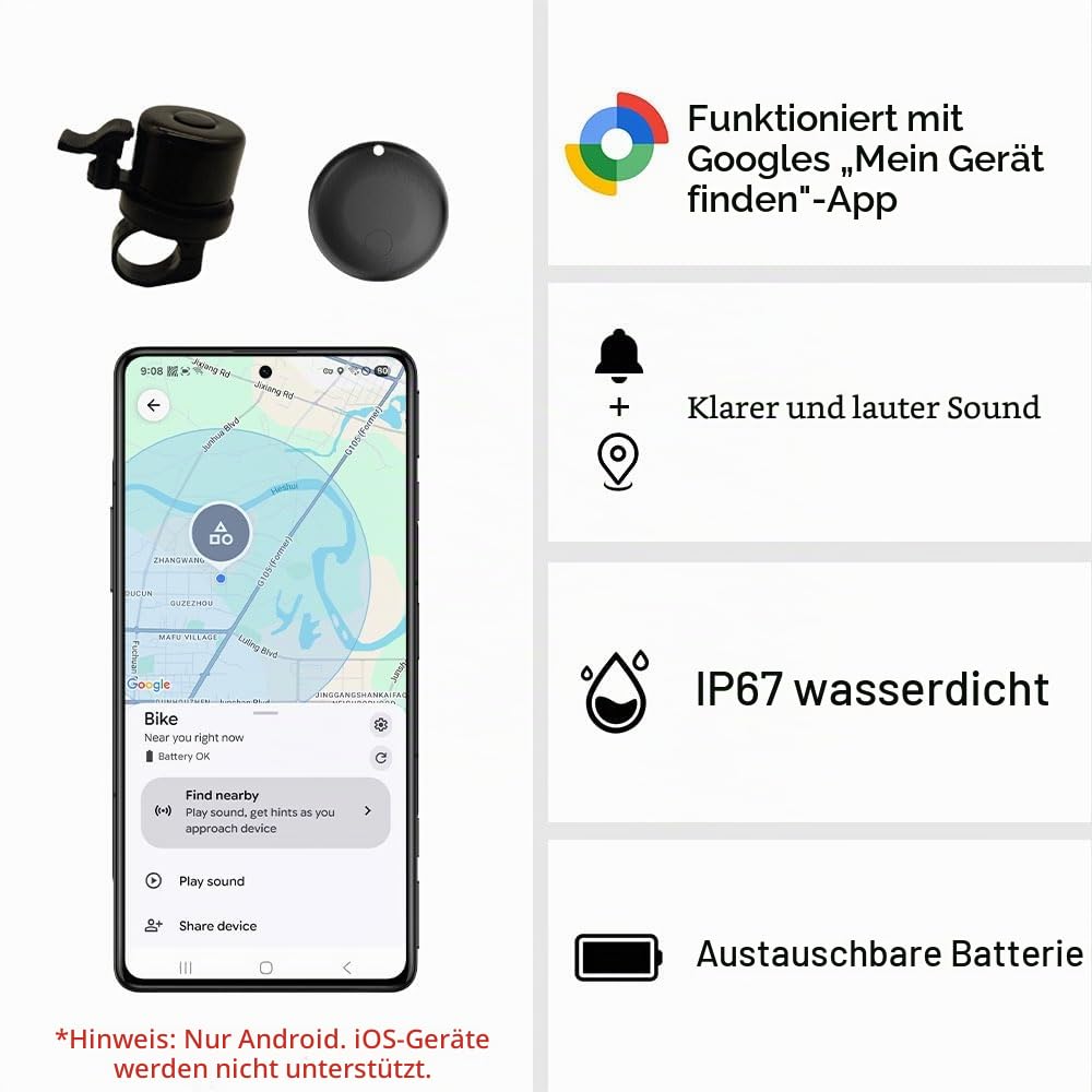 Fahrradklingel mit Tracker-Tag für Find Hub App, Fahrradhalterung für GPS-Tracker, wasserdicht, klassische Edelstahl-Halterung, Diebstahlschutz, 100 dB, passend für 2,2 cm / 25,4 mm Lenker (nur