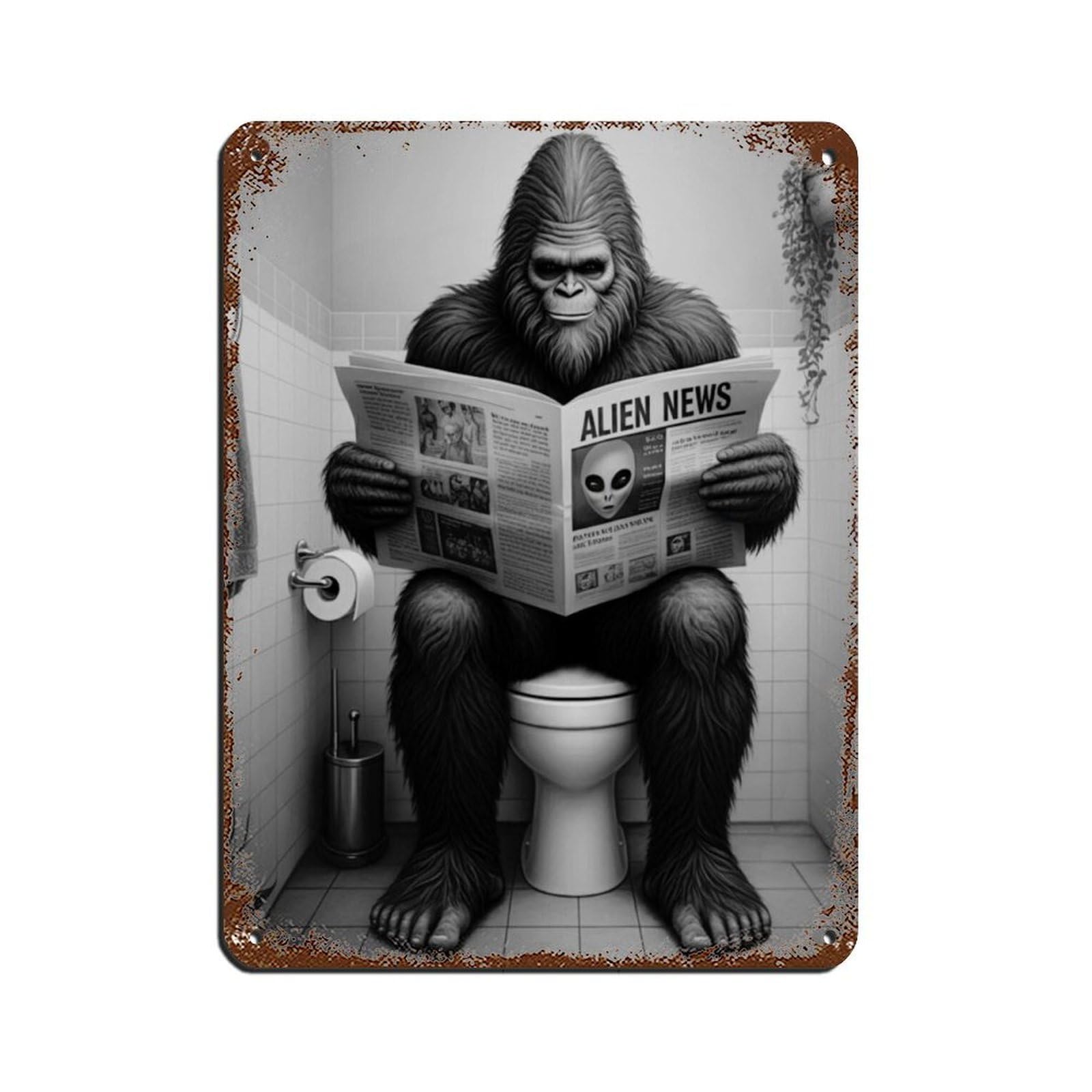 Bigfoot Sitting on Toilet Bathroom Art Tin Sign Vintage Metal Pub Club Cafe Bar Home Wall Art Decoration Poster Retro 12x16inch(30x40cm)
