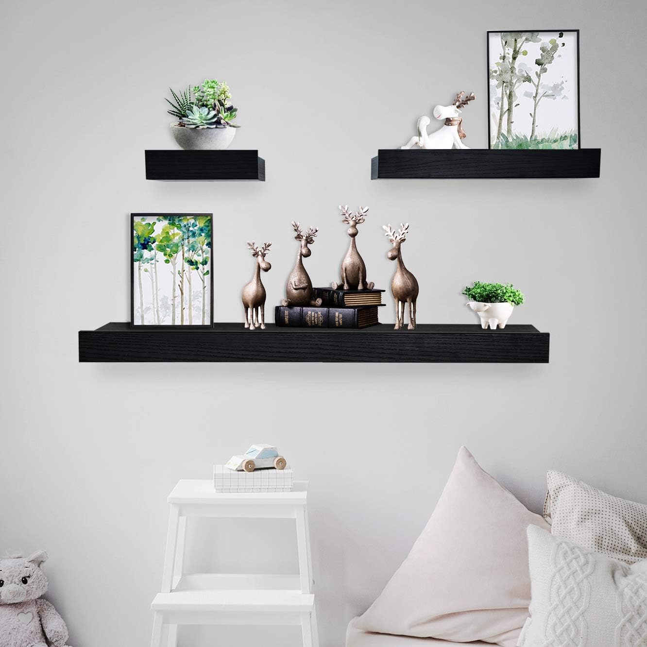 Coismo Set of 3 Multi Length Floating Shelves, Black