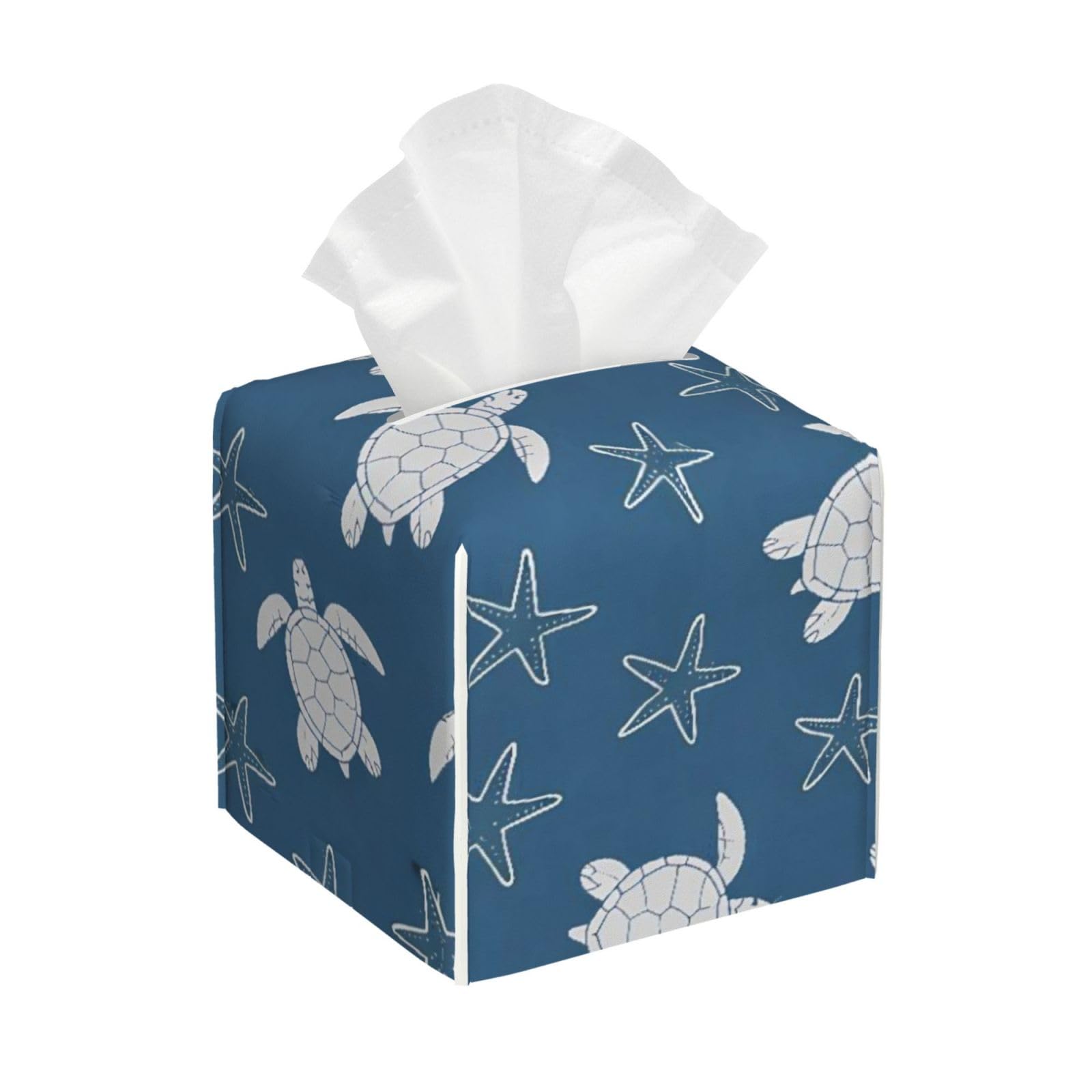 Sea Turtle Leather Tissue Box Cover Holder Square Facial Paper Organizer 5.2" X 5.2" X 5.2"