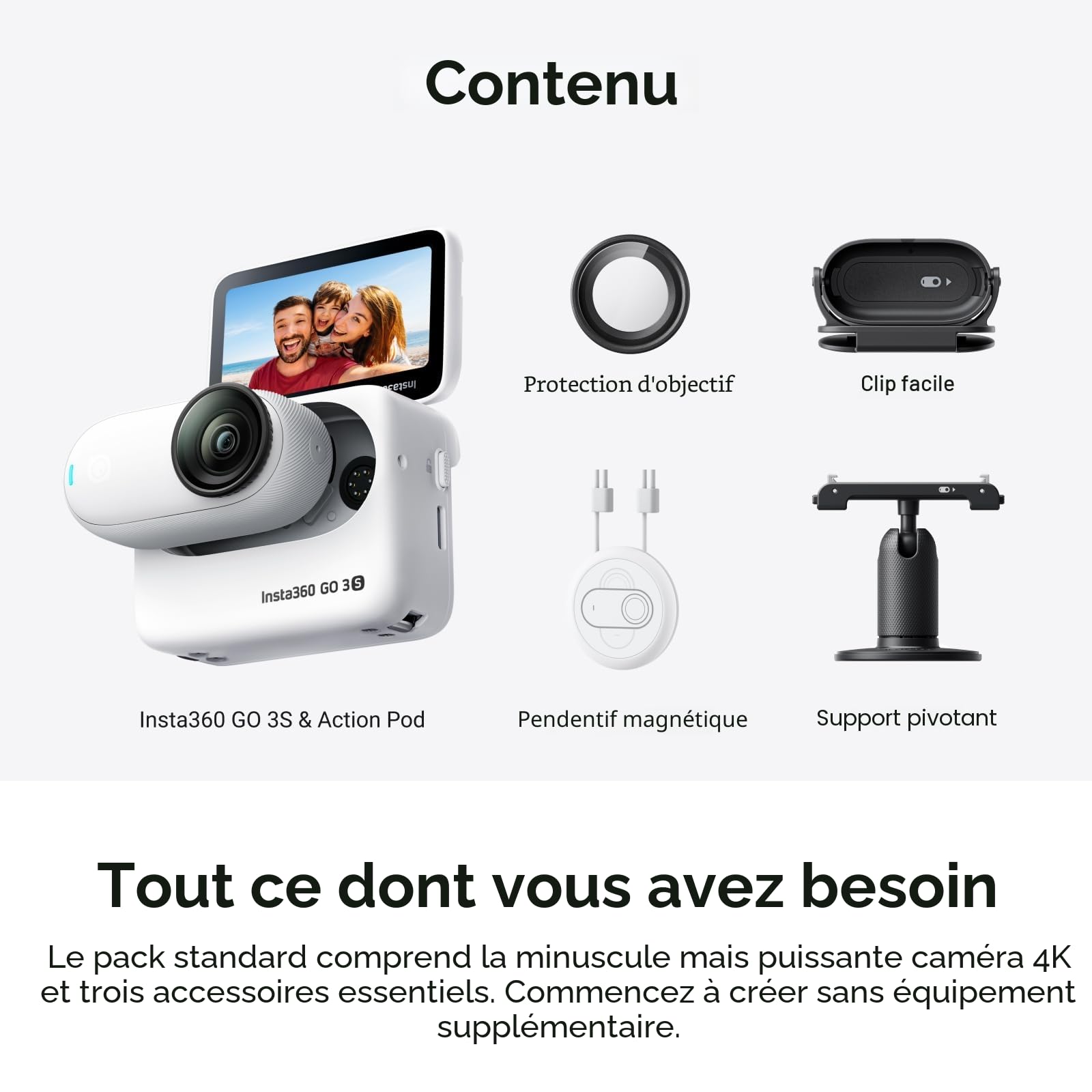 Insta360 GO 3S Blanc Arctique (64GB) - Petite caméra de vlog 4K, POV Mains Libres, Montage Partout, stabilisation, 140 Min d'autonomie, étanche à 10 m, édition IA, pour Voyage, vlog