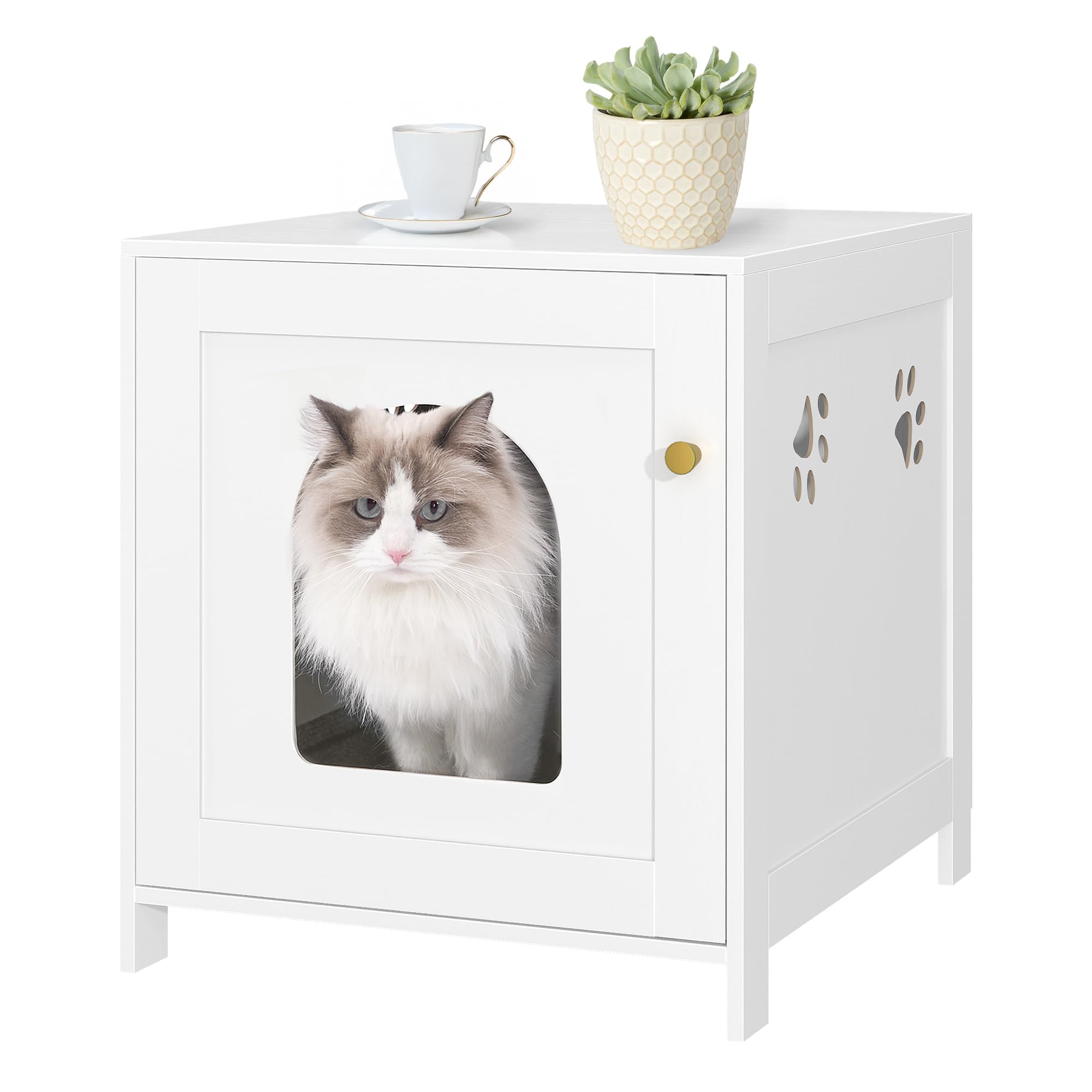 Hzuaneri Caja de arena para gatos, muebles de caja de arena oculta de 21 pulgadas, casa de madera para mascotas con puerta frontal arqueada, mesa auxiliar lateral, mesita de noche para sala de estar