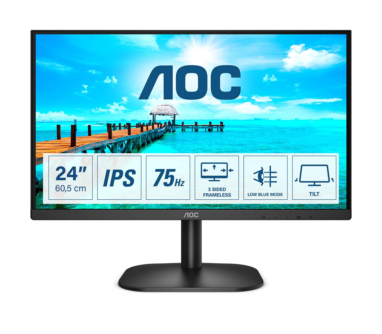 AOC 24B2XDA - 24 Inch FHD Monitor, 75Hz, 4ms, IPS, LowBlue mode, Slim Design, Free, Speakers (1920x1080 @ 75Hz, 250cd/m², HDMI 1.4 x 1, VGA, DVI)
