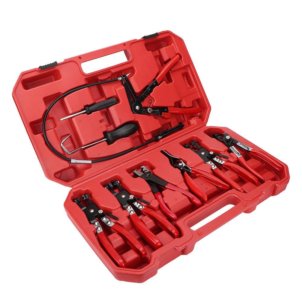 Juego de 10 alicates de abrazadera de manguera, kit de alicates de abrazadera para clips autoajustables de 18-54 mm, alicates de clip de banda de mandíbula giratoria con cable de bloqueo, kit de