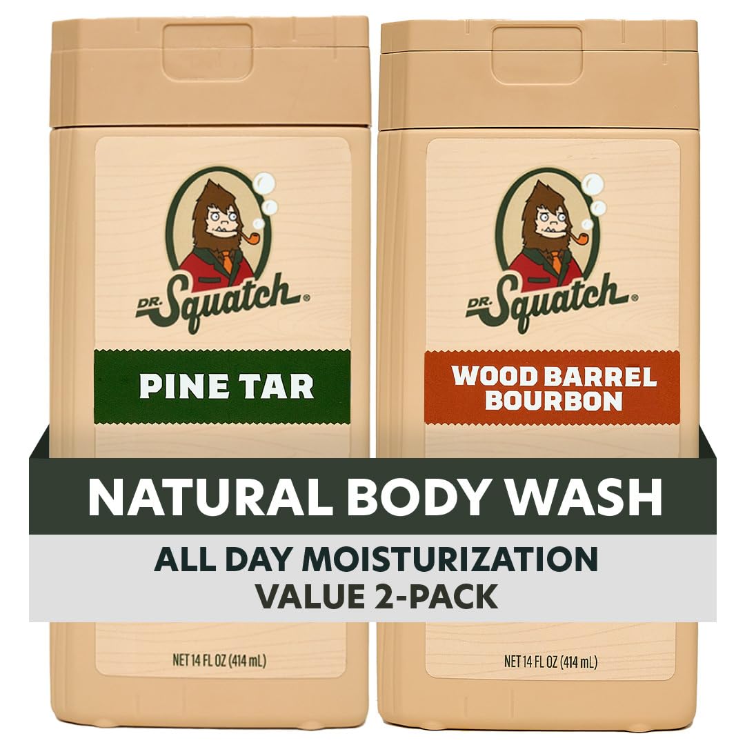 Natural Men's Body Wash Shower Gel - Cleansing, Nourishing, Long Lasting Scent, Moisturizing Body Wash for Men - Pine Tar + Wood Barrel Bourbon (14 oz, 2-Pack)
