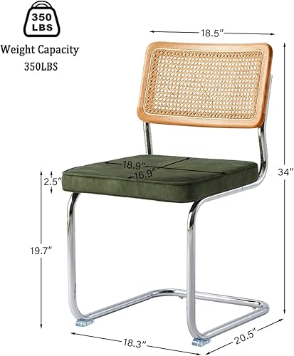 Miniatura 2 de Juego de 4 sillas de comedor de ratán verde, sillas de cocina modernas de madera de mediados de siglo, silla de comedor de caña trasera de malla,