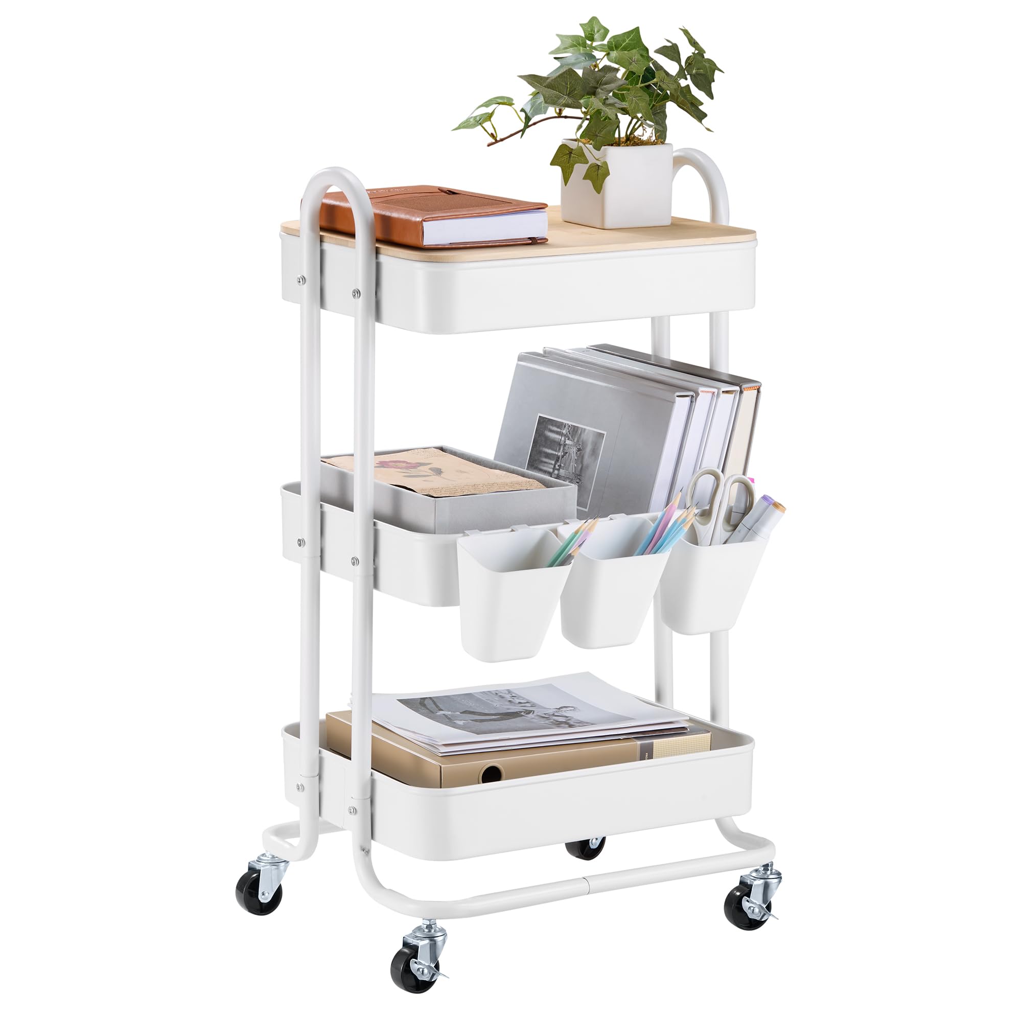 VonHaus White Storage Trolley - 3 Tier Bathroom Storage with 4 Wheels - Kitchen Trolley with Steel Frame & Solid Bamboo Lid - Craft Cart with 3 Hanging Baskets & Hooks - Rolling Cart for Home Office
