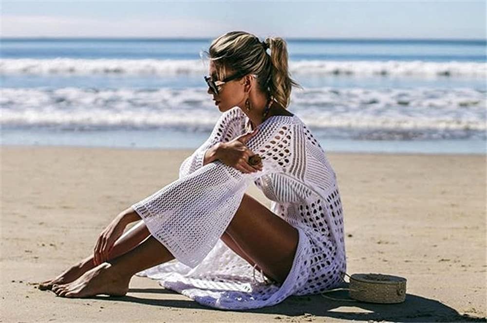 Damskie długie grube sukienki plażowe seksowne okrycie bikini ponczo plażowe sukienka boho na co dzień szydełkowane stroje kąpielowe przebranie, biały, Rozmiar uniwersalny