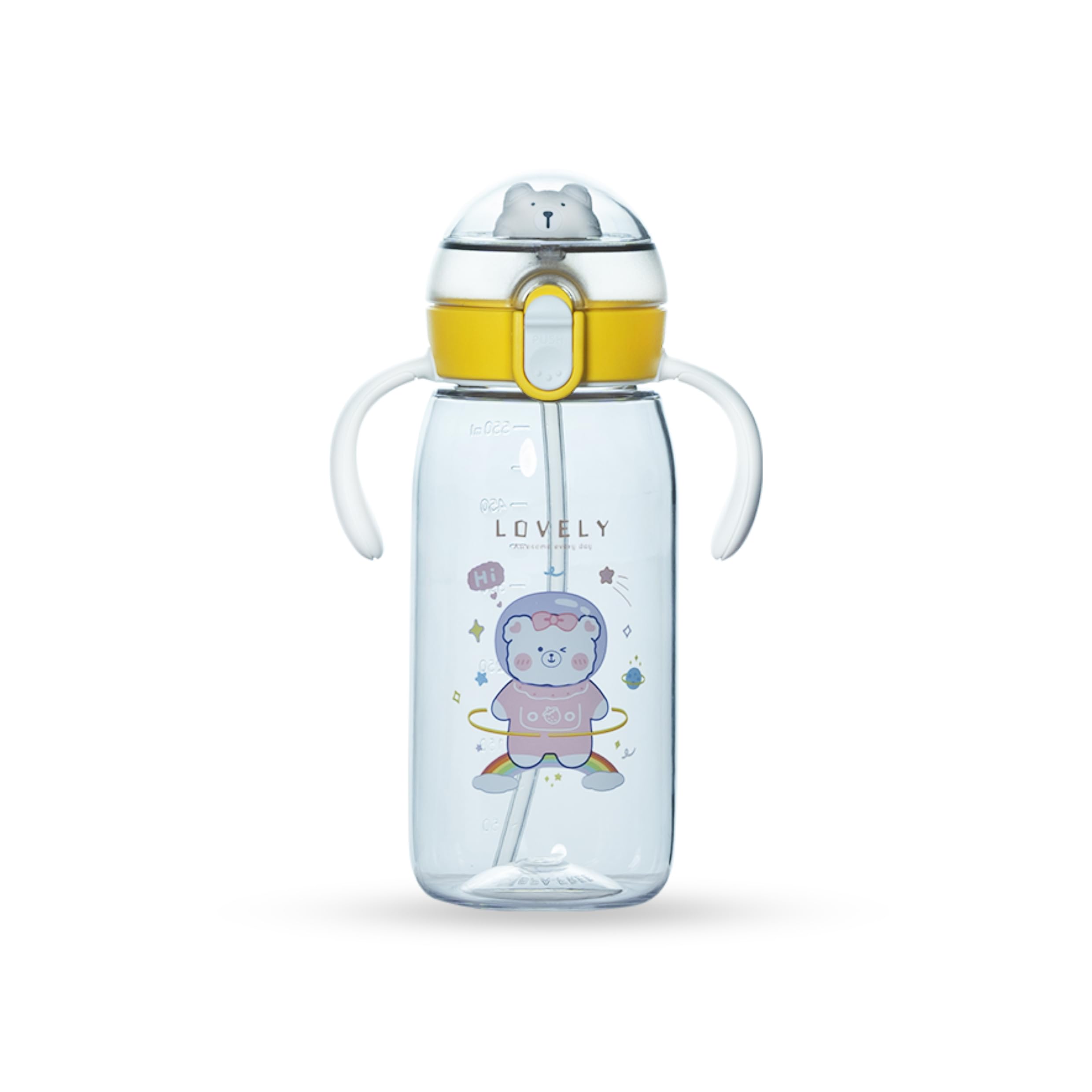 Attro Teddu 550ml Cute and Convenient Cartoon Printed Kids Tritan Water Bottle with Two Side Handles, Strap & Straw Lid BPA-Free,Leak-Proof-Perfect for School,Sports and Travel-White