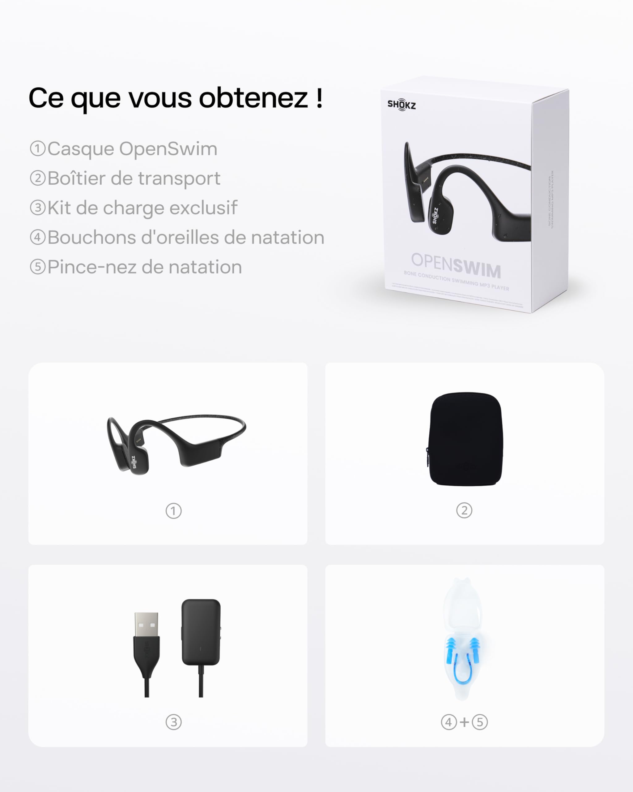 SHOKZ OpenSwim Casque à Conduction osseuse, Lecteur MP3 de Natation étanche IP68, écouteurs de Sport Oreilles Libres avec 4 GB de mémoire, 8H d'autonomie, Bouchons d'oreilles (sans Bluetooth), Noir