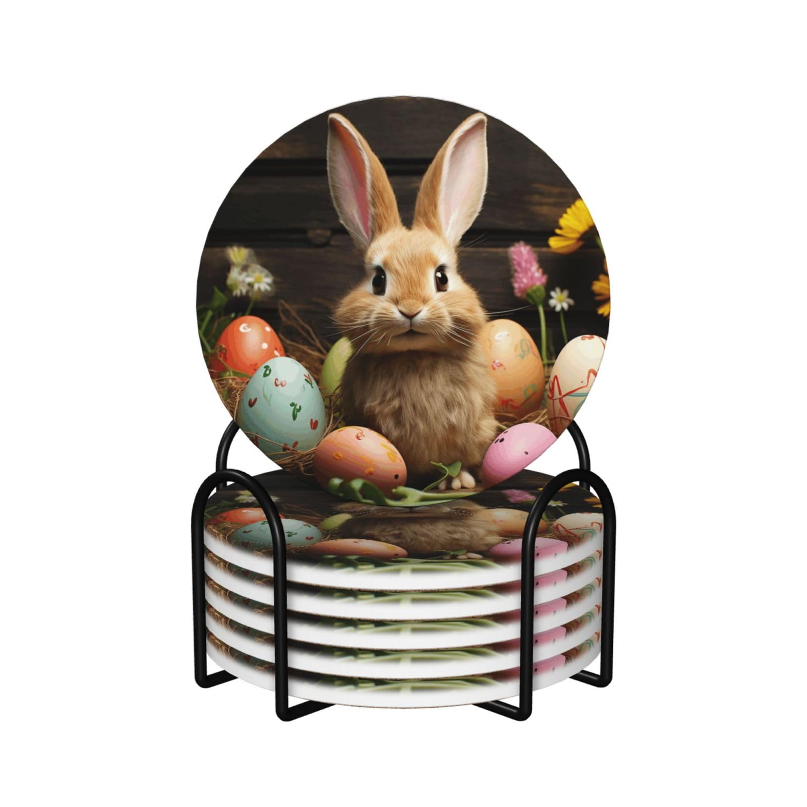 6Pcs Ceramics Coaster for Drinks, Easter Egg Bunny Cup Coasters with Holder, Aesthetic Drink Coasters for Coffee Table, Absorbent Round Coaster for Tabletop Protection 4" Cup Mat Pad