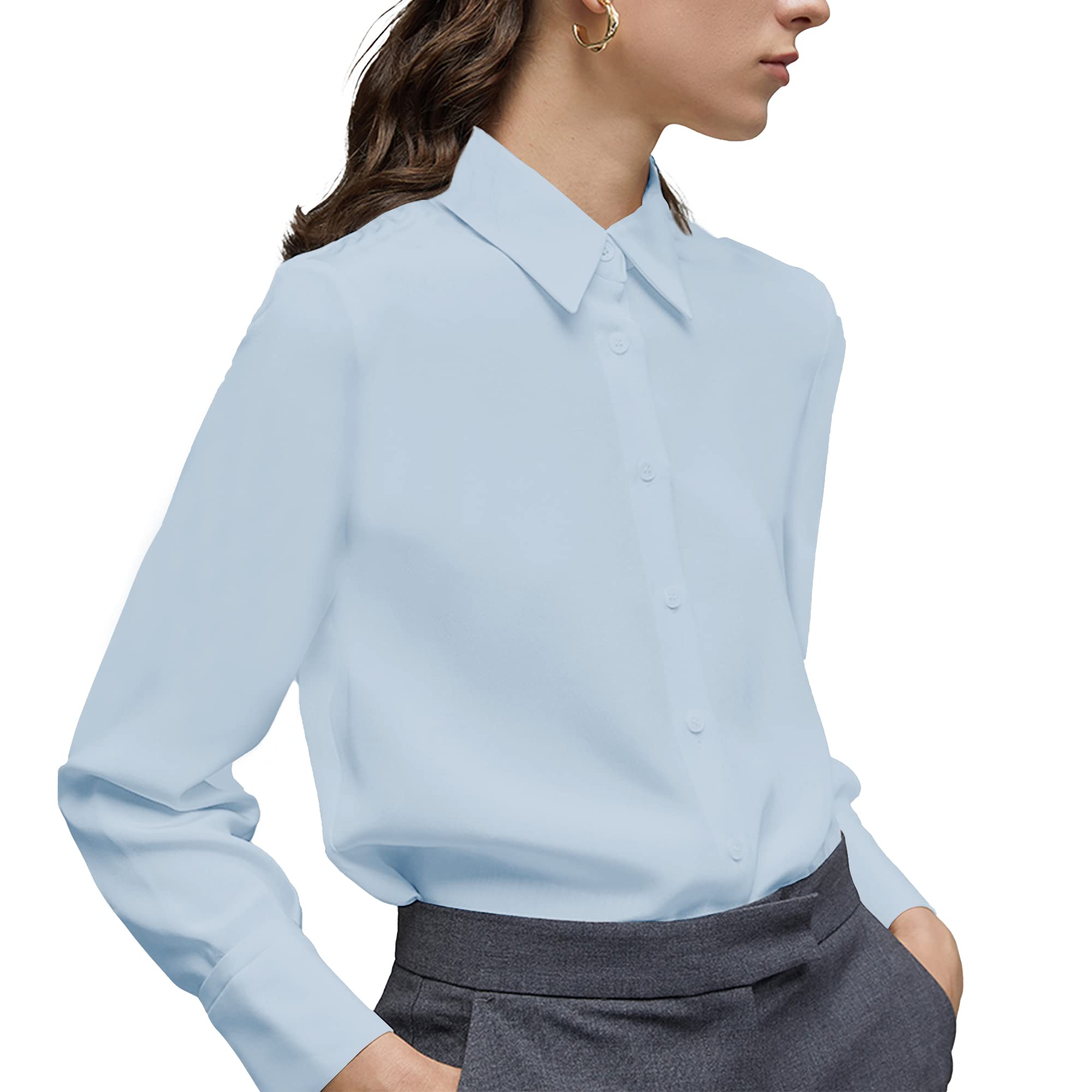 YAMANMAN Women's Button Down Shirt Classic Long Sleeve Collared Tops Work Office Chiffon Blouse