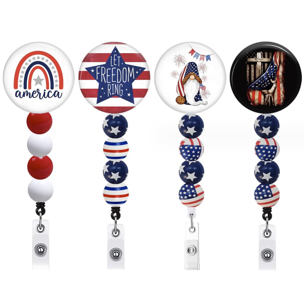 BAOZOON 4 Pcs Patriotic Badge Reels with Beads 4th of July American Flag Retractable ID Name Card Badge Holder Independence Day Decor for Nurse Doctor