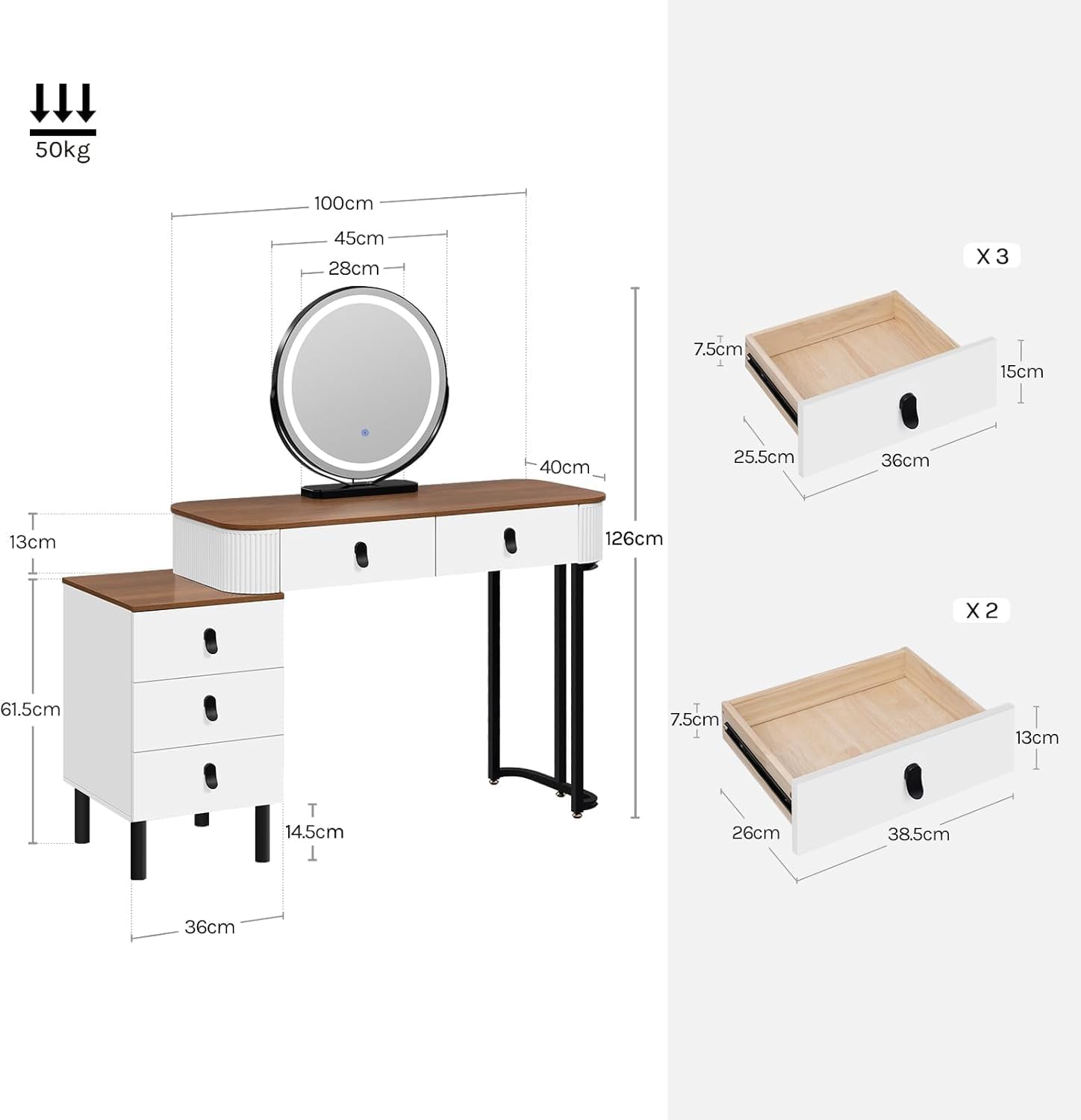 WOLTU Coiffeuse avec Miroir LED Réglable, 3 Couleurs, Table de Maquillage avec 5 Tiroirs de Rangement, Coiffeuse Moderne, 2-en-1 Bureau pour Chambre, 100x40 cm, en Bois et Métal, Marron + Blanc + Noir