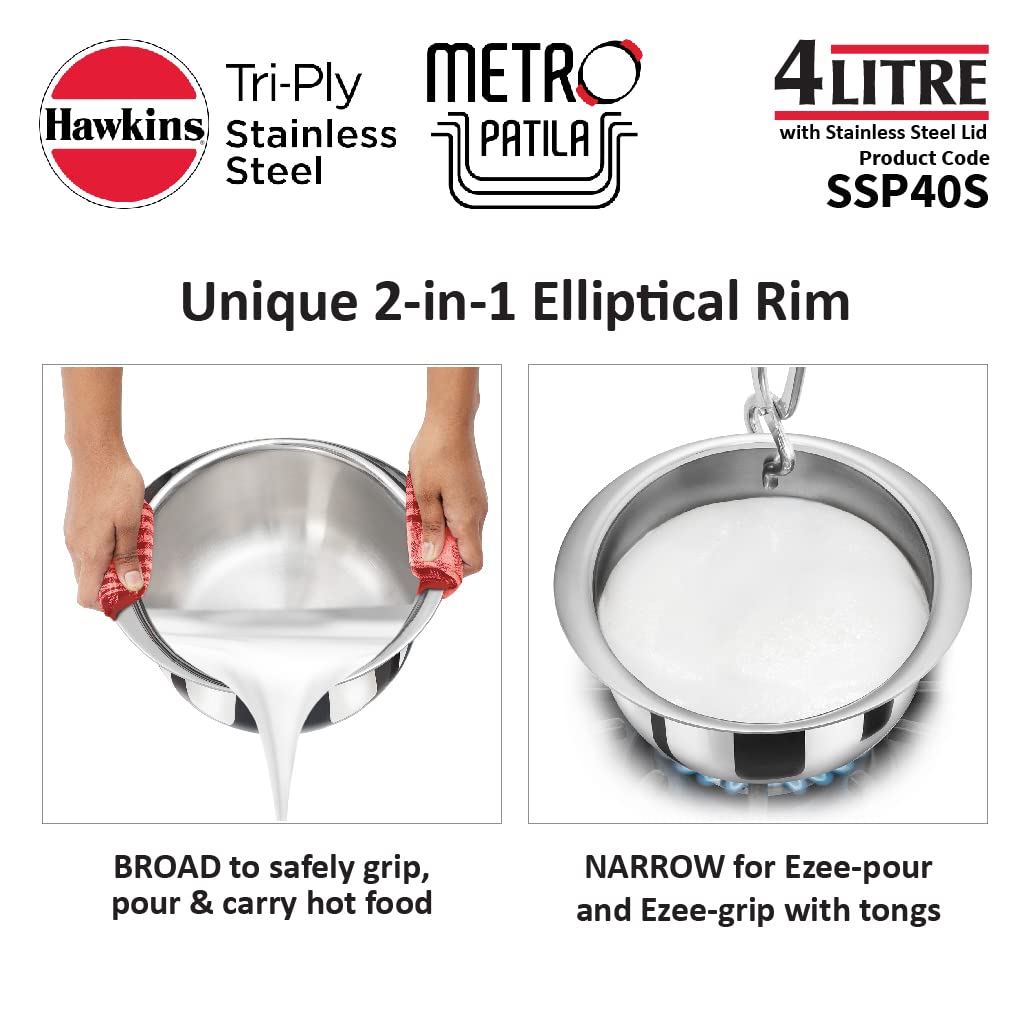 HAWKINS 4 Litre Metro Patila, Triply Stainless Steel Tope with Stainless Steel Lid, Induction Bhagona, Tapeli, Silver (SSP40S)