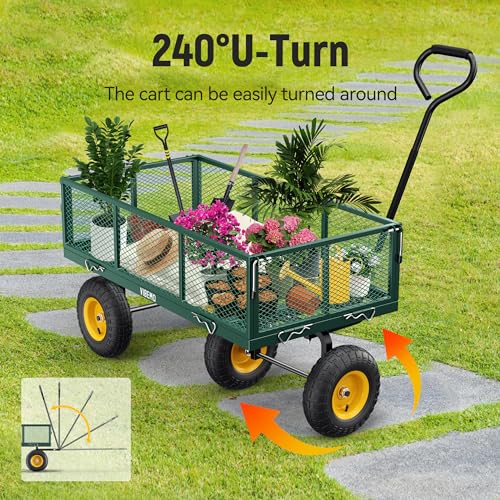 Steel Garden Cart, 2-in-1 900 lbs Heavy Duty Utility Wagon, with Removable Mesh Sides to Convert into Flatbed, 240° U-Turn 10" Pneumatic Tires Garden Wagon for Farm Yard Lawn Garden Camping