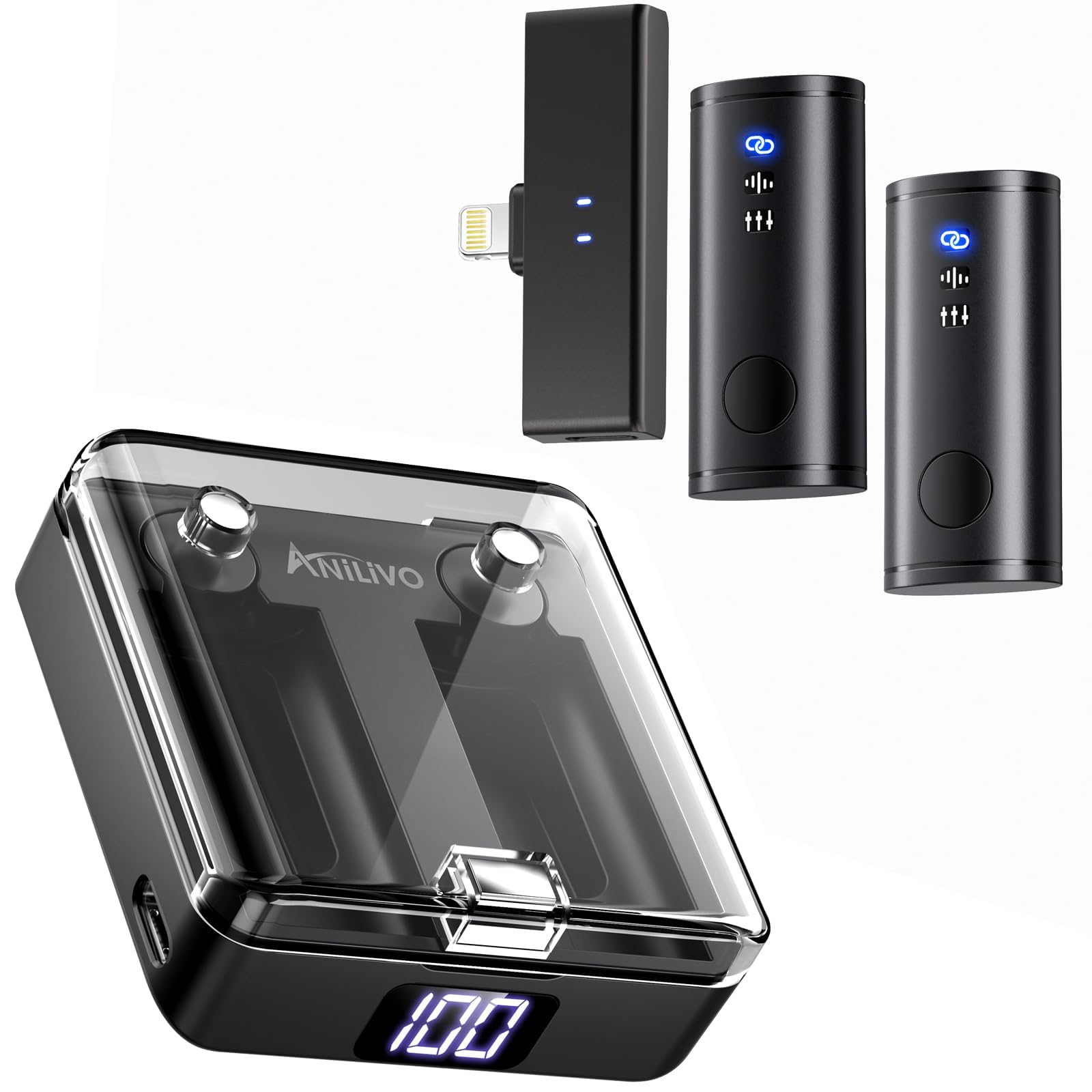 Anilivo Wireless Lavalier Microphone for iPhone/iPad (Lightning Port Only), HiFi Recording, Precise Noise Reduction, 40Hrs Battery, Magnetic Clip iPhone Microphone for Video Recording Vlogging