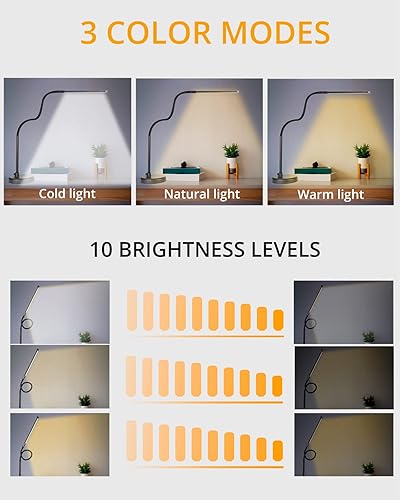 Miniatura 3 de CIVHOM Lámpara de escritorio LED, lámpara de trabajo de arquitecto con brazo oscilante con cuello de cisne flexible largo, base pesada, 3 modos de