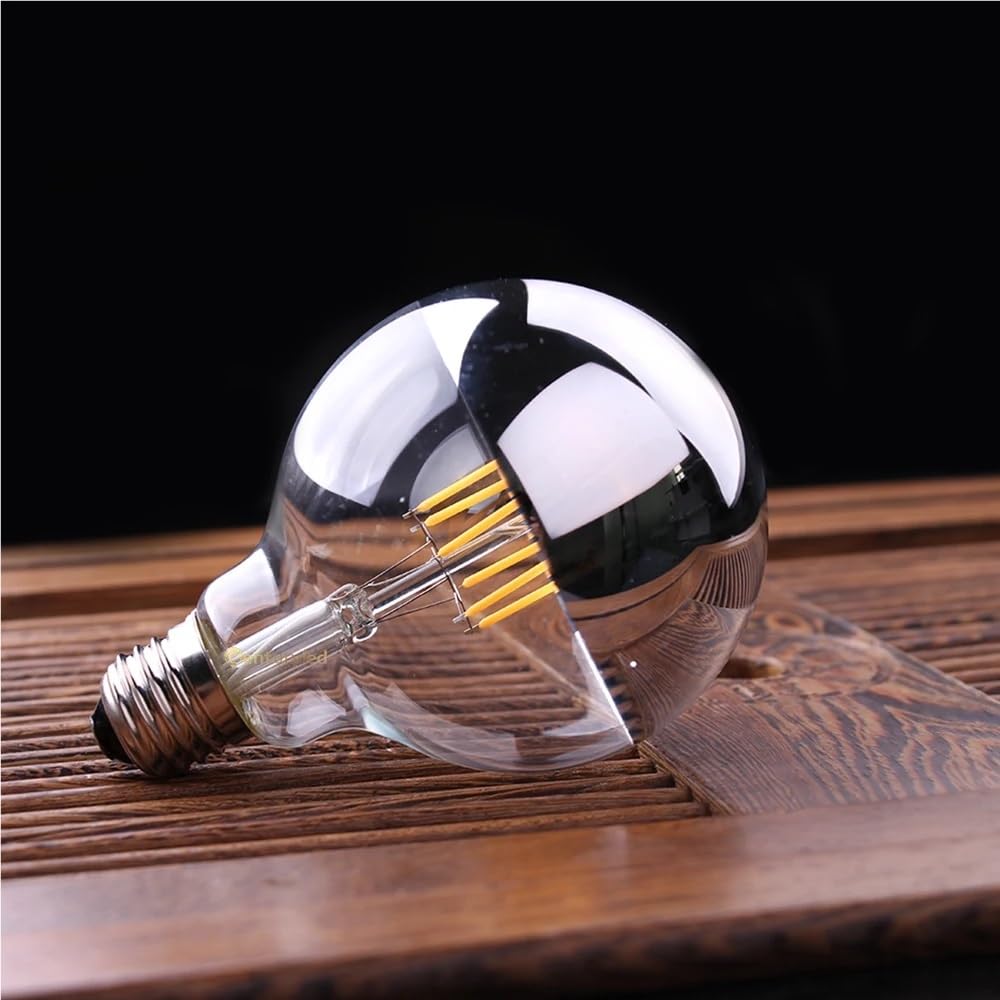 RZL Lighting, Paquete de 4, bombilla de filamento LED COB E27 AC220V 6W G95 lámpara de globo LED 2700K lámpara de espejo LED plateada regulable