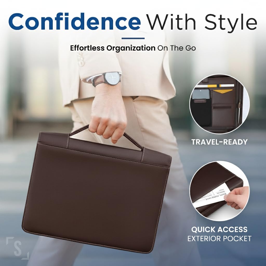 STYLIO A4 porte-documents couleur noyer à fermeture éclair avec poignée de transport | Organiseur pour documents, iPad, tablette, carnet | Classeur professionnel en cuir pour hommes et femmes