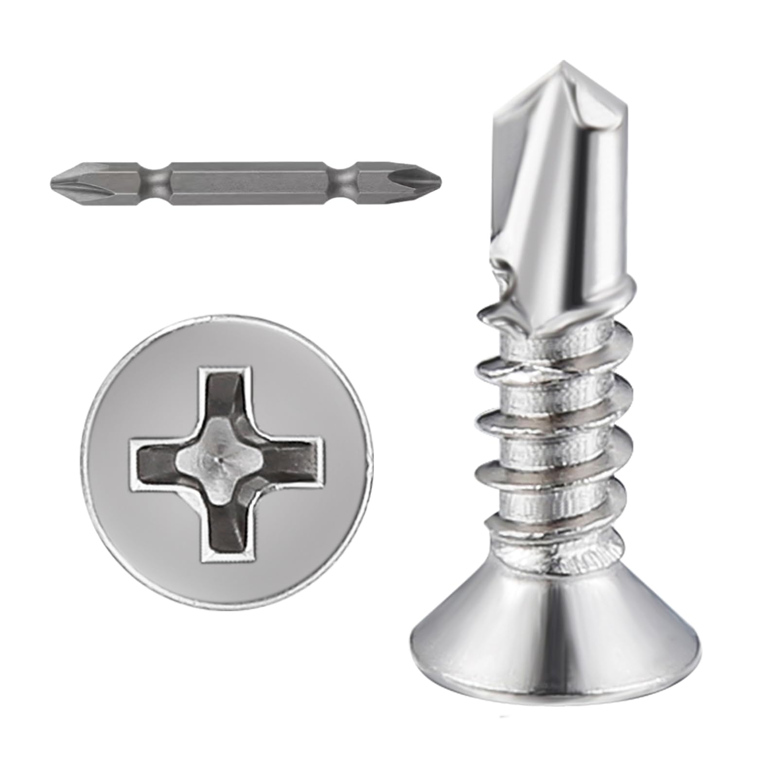 Wensilon（500pcs）#8×5/8”for Sheet Metal Self-Tapping Screws 410 Stainless Steel Flat Head High-Strength Quick self-Drilling Screws