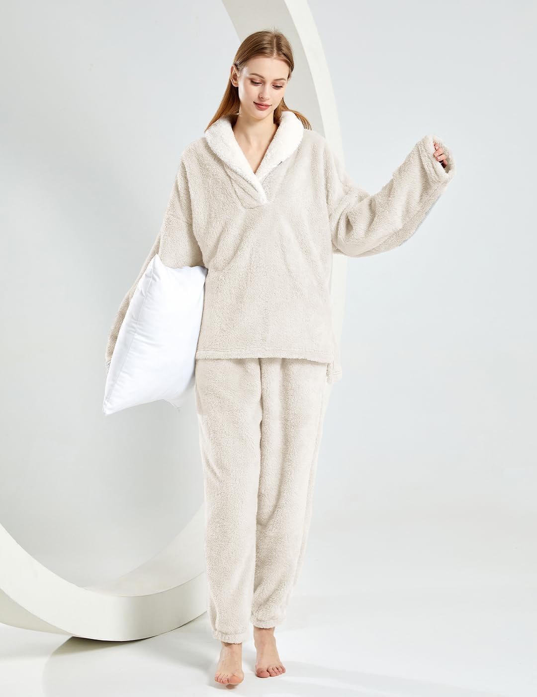 Women's Fluffy Loungewear Sleepwear Lounge Casual Pajamas Sets Loose Long Sleeve Fleece Pullover and Pants Set - Image 4
