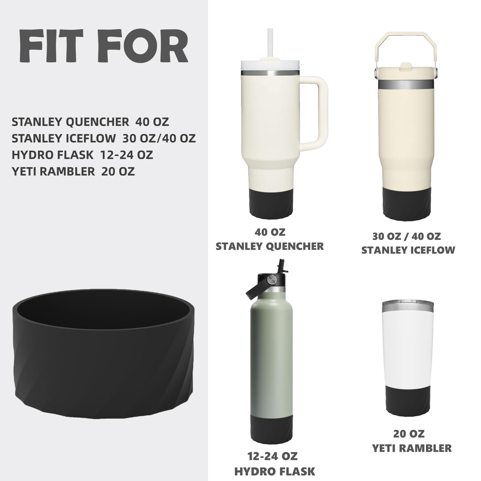 MORIBOX Silicone Water Bottle Boot Protective Silicone Boot for 12oz - 40oz Hydroflask&Stanley Cup Accessories, BPA Free Anti-Slip Tumbler Bottom Sleeve Cover Black