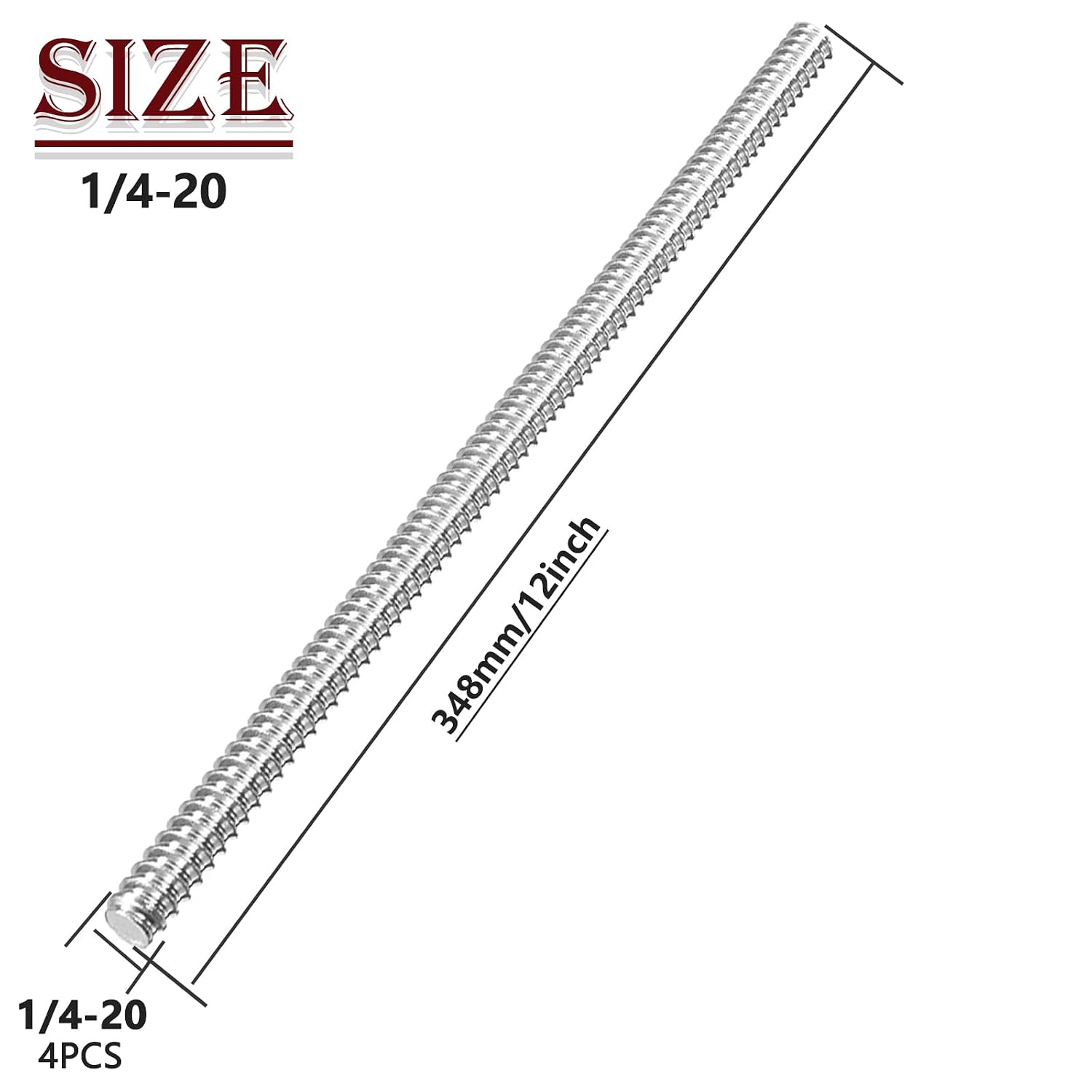 4Pcs 1/4-20 Fully Threaded Rod 12" 304 Stainless Steel Long Threaded Screw for Anchor Bolts Clamps Hangers U-Bolts