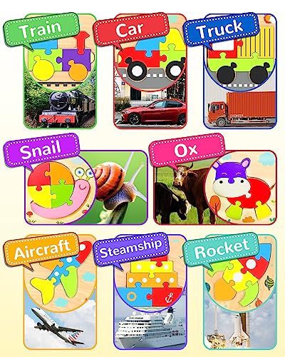 Image of Wooden Toddler Puzzles Gifts Montessori Toys for 1 2 3 Years Old Boys Girls | 8 Vehicle Shape Puzzles, Boy Birthday Gift, Montessori Toys Educational Blocks for Toddlers 1-3, 2-4, Baby Learning Toys