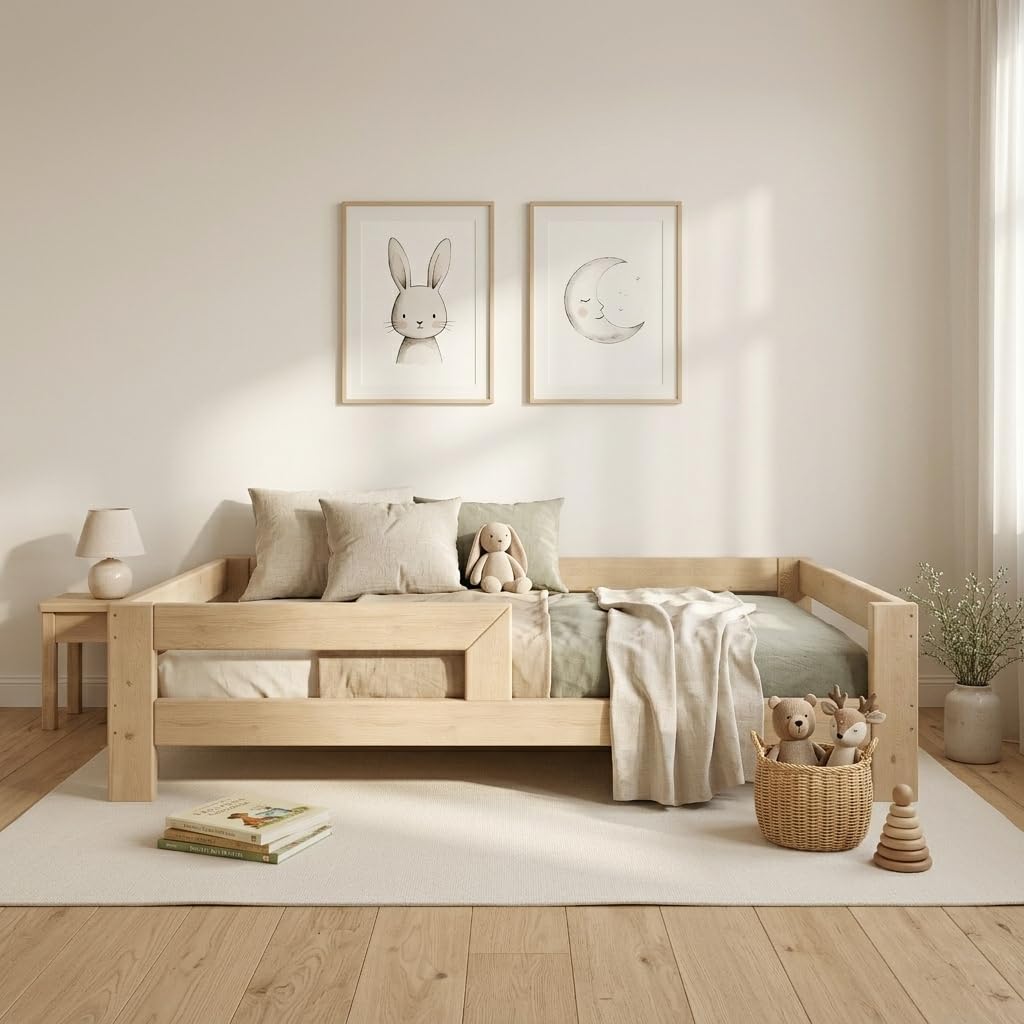 Need Sleep Montessori Bett Kinder Kinderbett 90x200 cm mit Rausfallschutz und Lattenrost Juniorbett Kleinkind Klienkindbett ab 2 Jahre niedrig für Mädchen und Jungen aus Holz