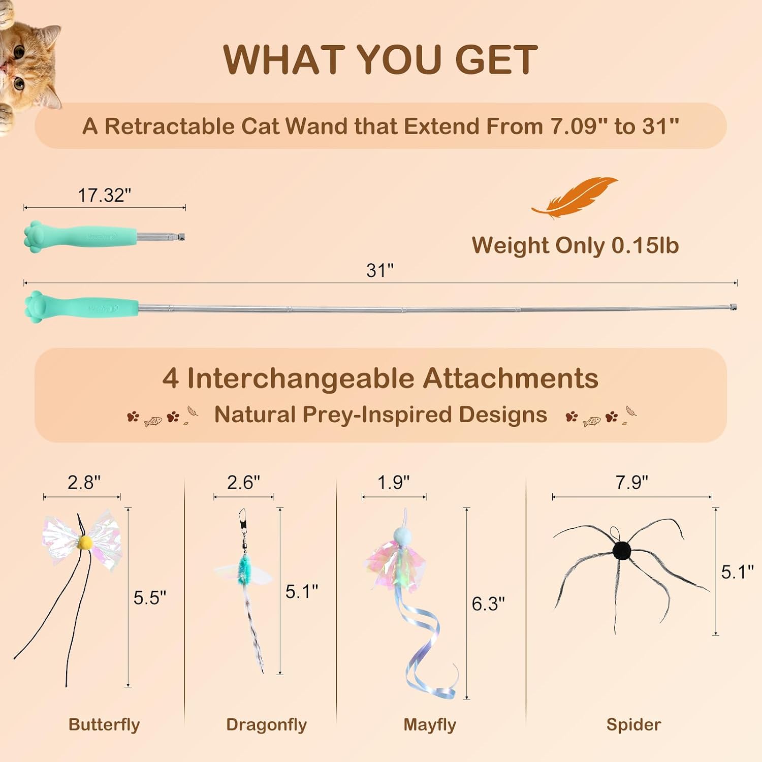 Cat Wand Toy – Retractable Wand with 4 Feather Toy Refills for Indoor Cats Enrichment, Interactive Cat Toy for Bored Adult Cats and High-Energy Kittens (BioBugs Serie 2.0)