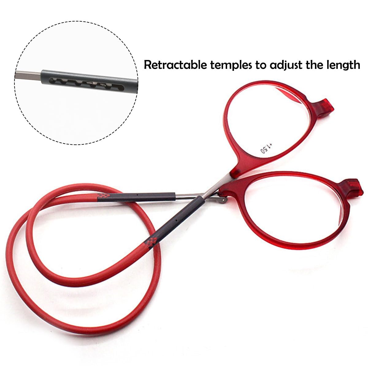 KOOSUFA Runde Magnetische Lesebrille mit Magnetverschluss Clip Herren Damen Leicht TR90 Faltbare Lesehilfe Arbeitsplatzbrille mit Einziehbare Brillenbügel, zum Aufhängen am Hals