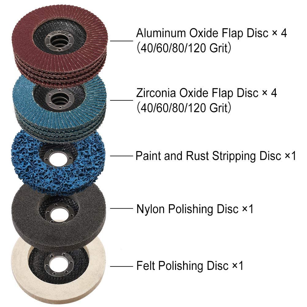 Goodway Kit de 11 disques à lamelles et de polissage de 115 mm de diamètre - 4 bleus (inox), 4 marron (standard) - Grains 40/60/80/120 - 1 disque de nettoyage grossier - 2 disques de polissage