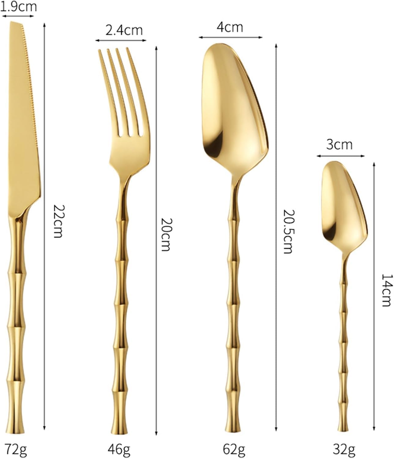 Ensemble de Couverts dorés pour 12 Personnes, en Acier Inoxydable 18/8 de qualité Alimentaire, Comprenant fourchettes et cuillères. Manche martelé Poli Miroir, Compatible Lave-Vaisselle.