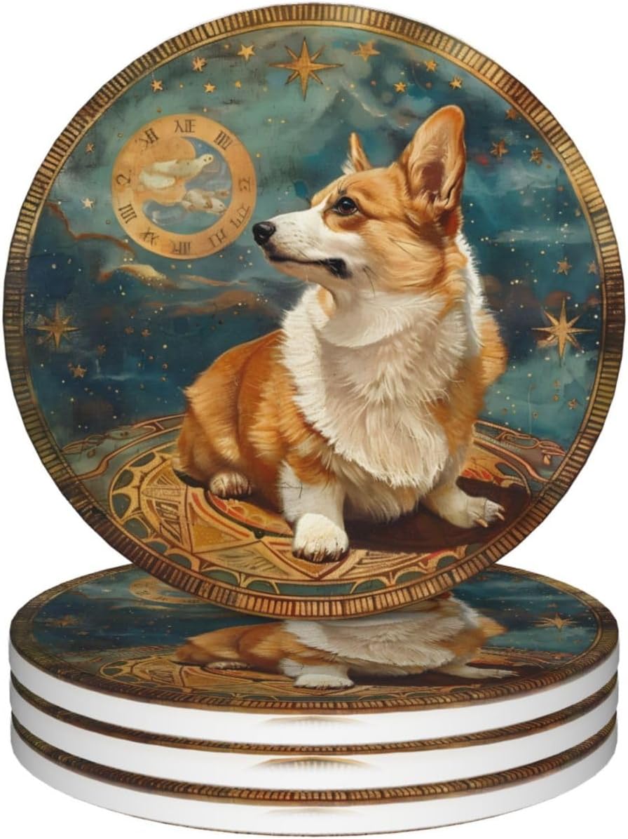 Corgi Dog Memorial Gift Drink Coasters Set of 4 with Cork Bottom, Water Moisture Absorbing Dog Coasters Condensation Bar Table Cupholder Stoneware for Dog Birthday Party House Warming Gift