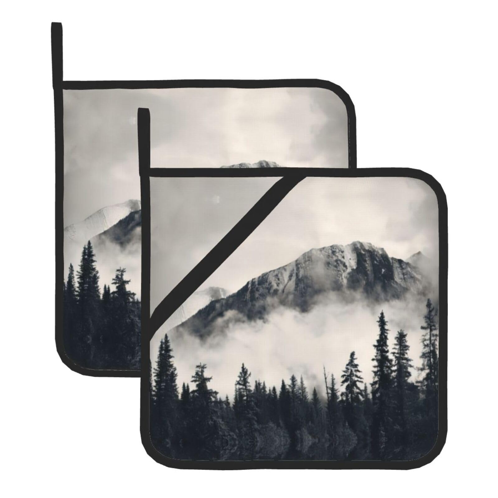 YYHWHJDE Canadian Smokey Mountain Cliff Prints Square Hot Pads for Kitchen Counter - Waterproof Pot Holders with Hanging Loop, Durable Trivets for Microwave Oven - 2 Pack