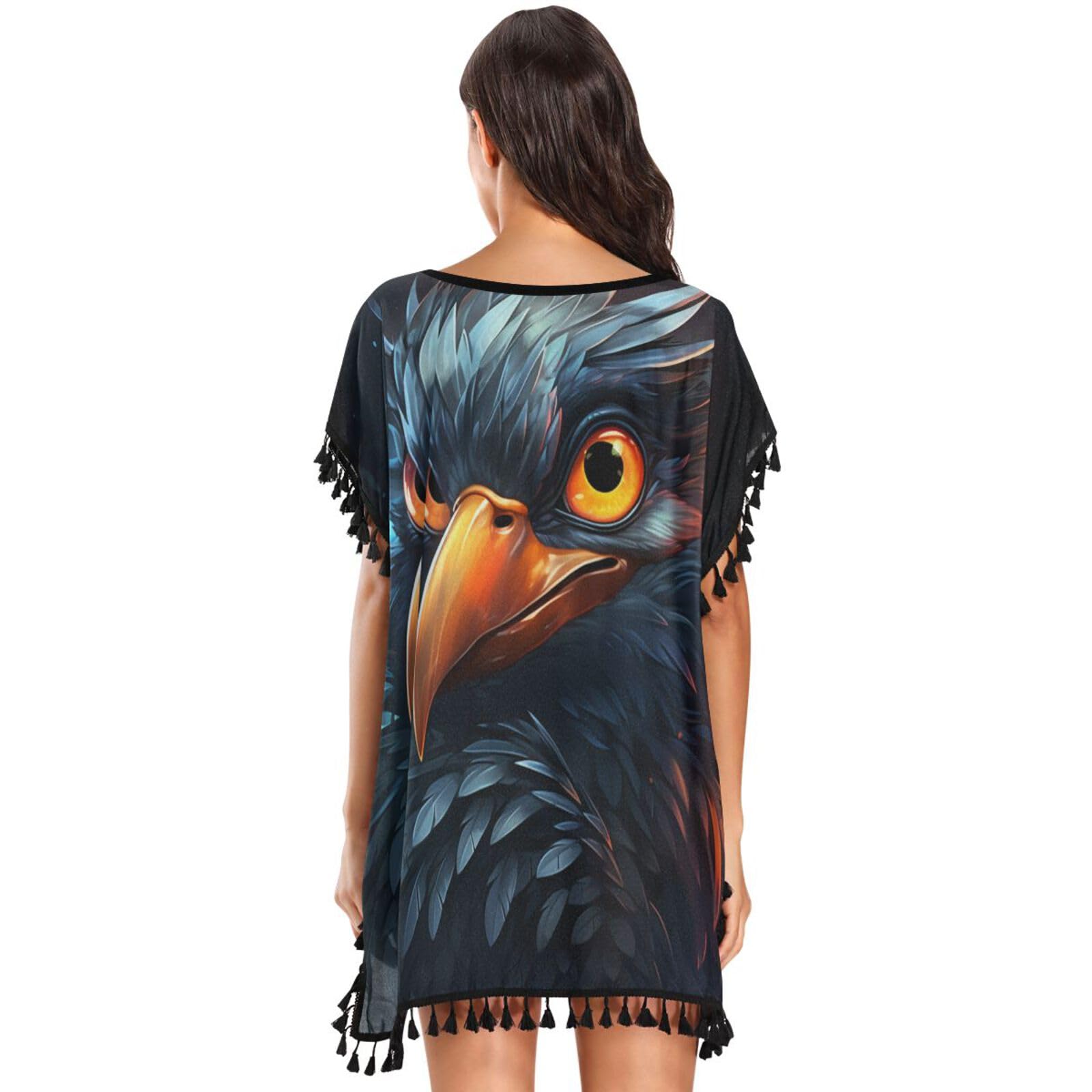 Cool Animal Art Parrot Women's Beach Cover Up Chiffon Tassel Swimwear Swimsuit Coverups for Girl