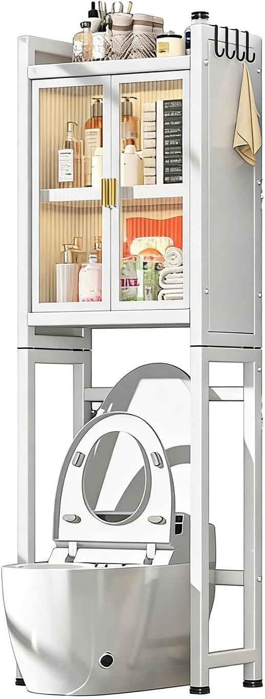 Over The Toilet Storage, Metal Cabinet Above WC, Suitable for Bathroom and Laundry, with Two Acrylic Door Panels, Bathroom Shelf(White,55.5 * 20in)