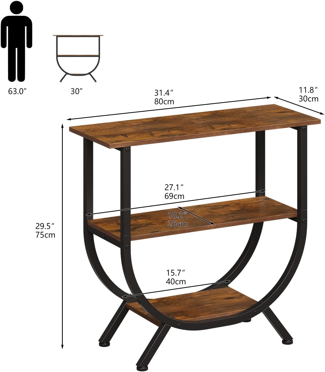 3 Tier Console Table with Storage 30" Height Entryway Table with Open Shelves Industrial Sofa Table Behind Couch for Living Room Hallway Entrance (Rustic Brown)
