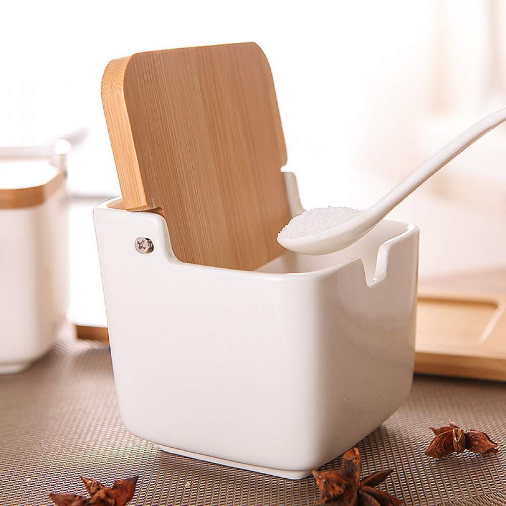 Zuccheriera con Coperchi e Cucchiai, Zuccheriera in Ceramica con Base in Legno, Portaspezie da Cucina-2-piece suit