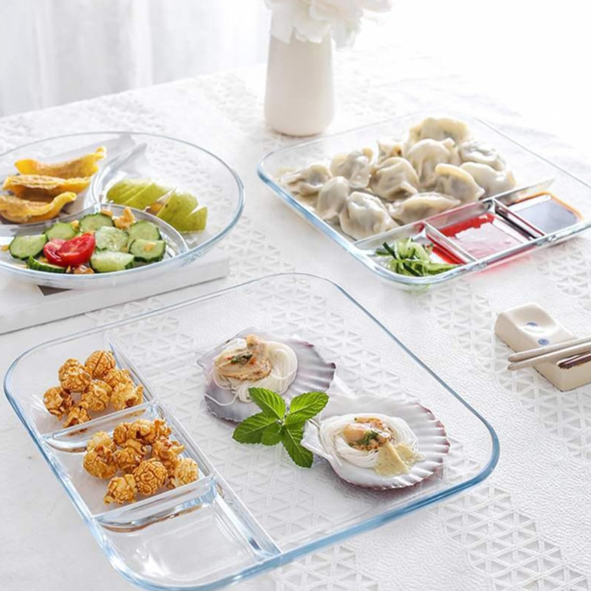 Heat-resistant Glass Dumpling Plate with Vinegar Sauce Dish, 9-inch Square Divided Serving Tray for Home Dining and Sushi Side Dish
