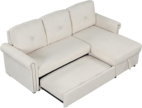 Miniatura 8 de Sofá modular en forma de L, sofá cama convertible moderno, sofá cama, tela de lino de 3 plazas con diván de almacenamiento para sala de estar (beige)