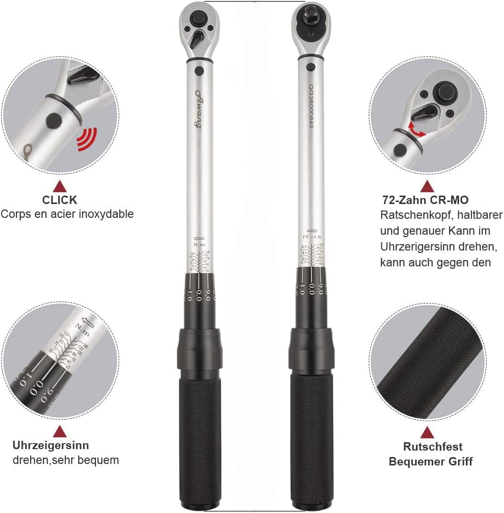 Awang Juego de llaves de torque 1/2”, 25-220 Nm con adaptador, extensión y maletín, preciso y fácil de usar para automóvil y motocicleta
