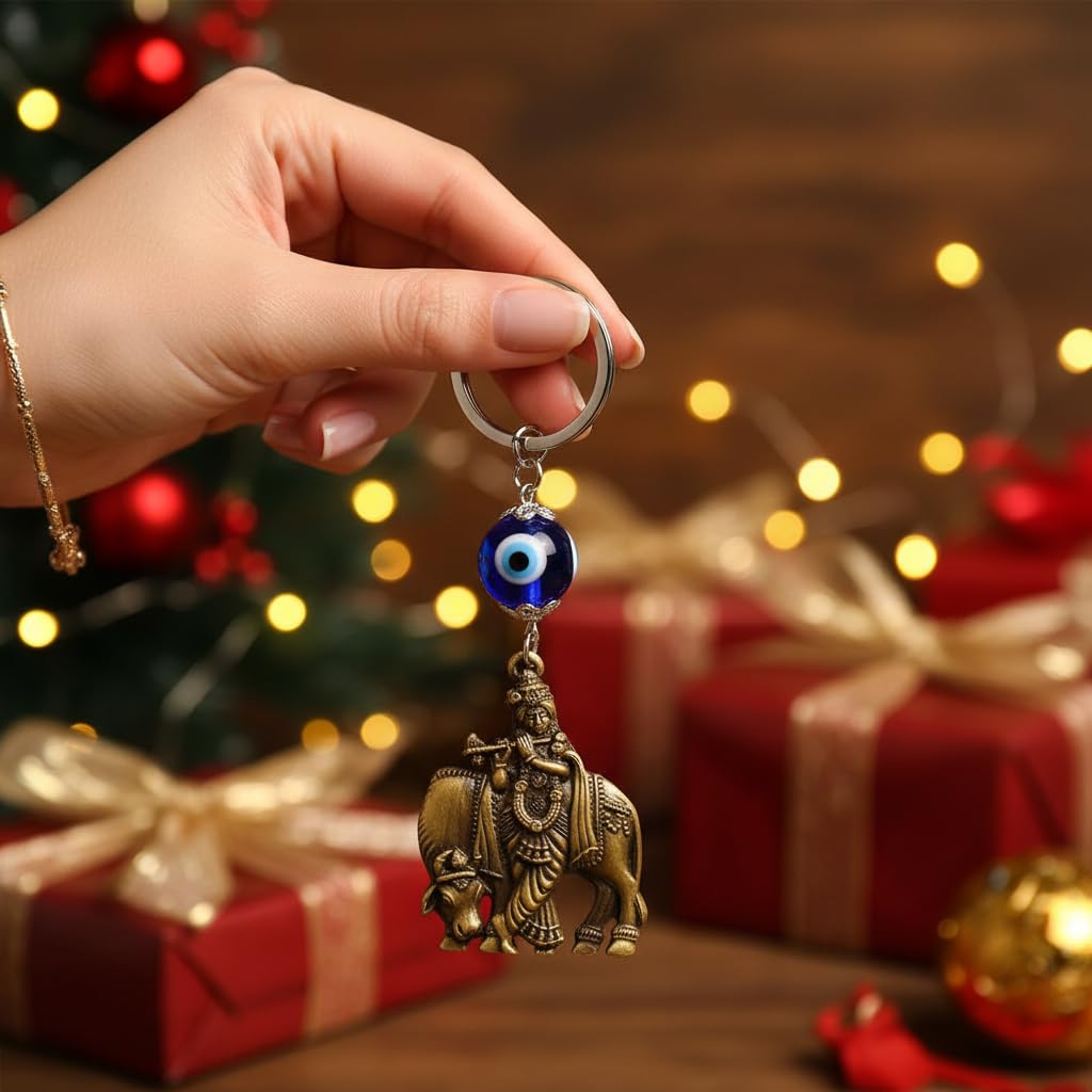 Lord Krishna with Cow Idol Evil Eye Religious Keychain for Men and Women-image-8