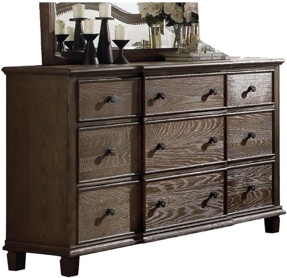 Acme Baudouin 9 Drawer Wooden Dresser in Weathered Oak