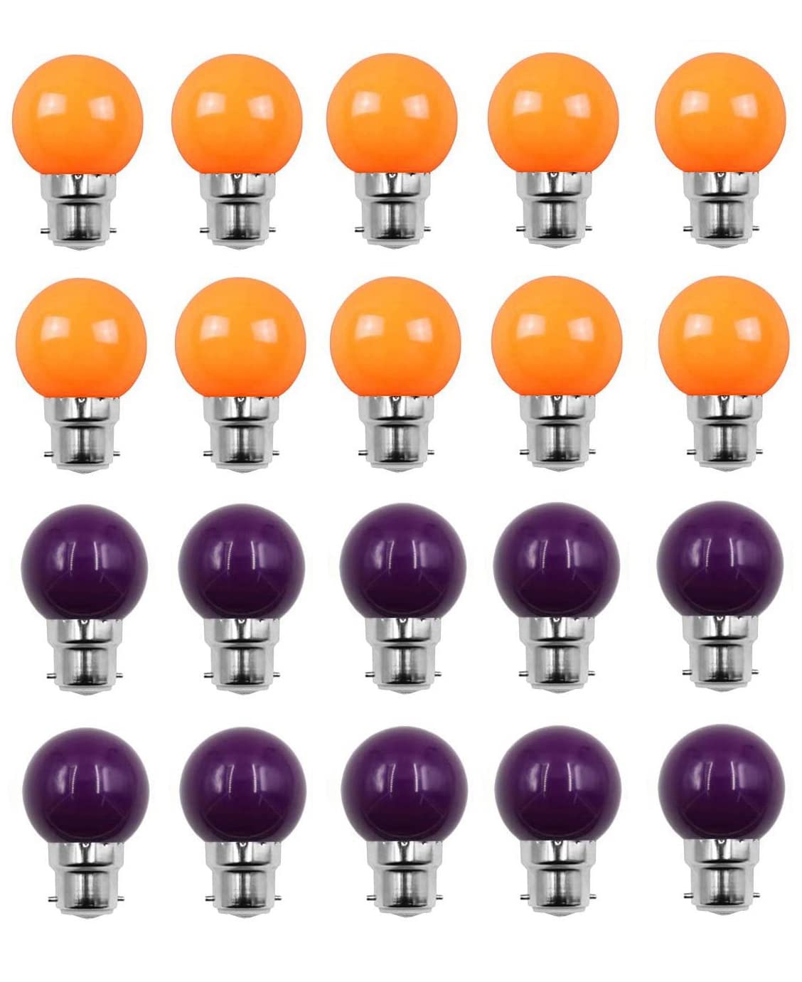 Aiwerttes 20-Pack B22 Bayonet Bulbs Non-Dimmable 2W G45 Mini Glof LED Light Bulbs (20W Equivalent) Orange,Violet Bulb for Party,Wedding Banquet Or Bars