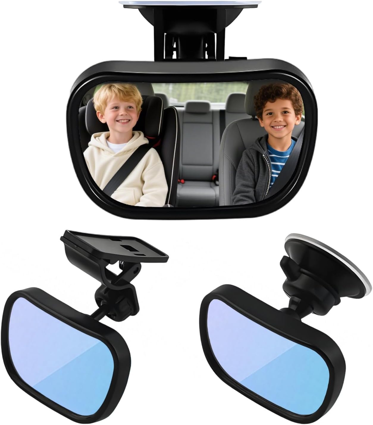 Espejo de bebé para coche para asiento trasero – rotación 360° y campo de visión amplio, con ventosa y clip, 13 x 6,5 cm, espejo curvado, montaje fácil