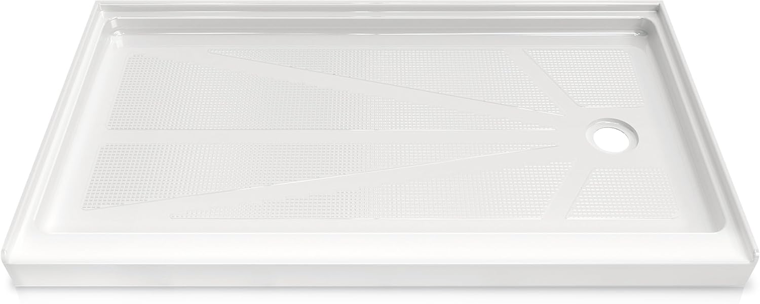 CKB 60 in x 34 in Shower Pan with Right Drain, Single Threshold, Acrylic Fiberglass Alcove Shower Base, Slip-Resistant and Waterproof, White