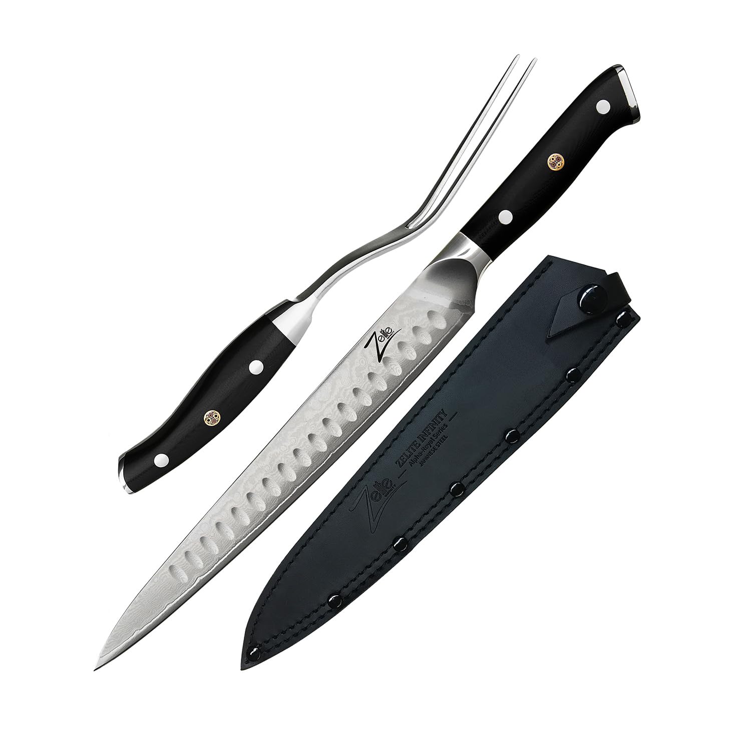 Zelite Tranchiermesser und Gabel Set, Kochmesser Profi Messer und Fleischgabel, Japanisches Messer aus Damaststahl, Scharfes Messer für die Küche, 25,4cm Profi Fleischmesser, Damaszener Messer Scharf